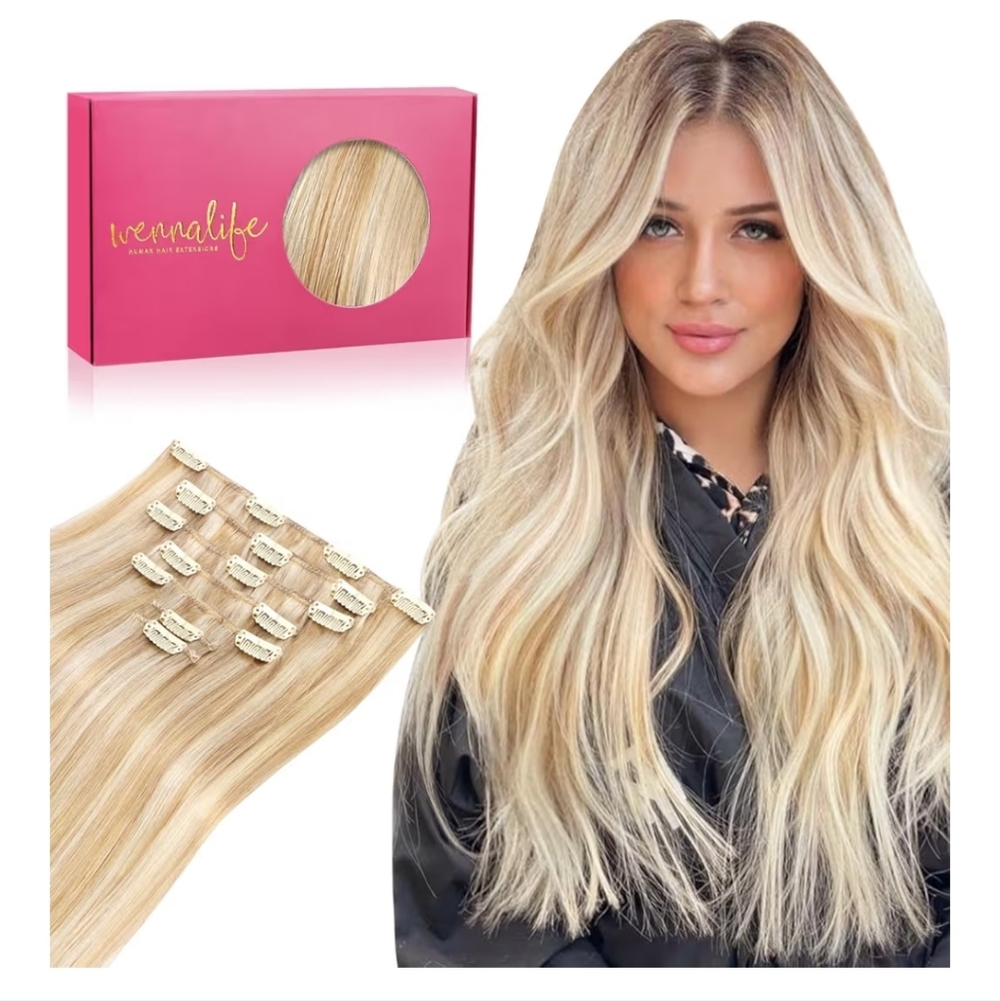 14" Wenna Life 7-piece 120g Clip-In Hair Extensions Dirty Blonde Highlighted